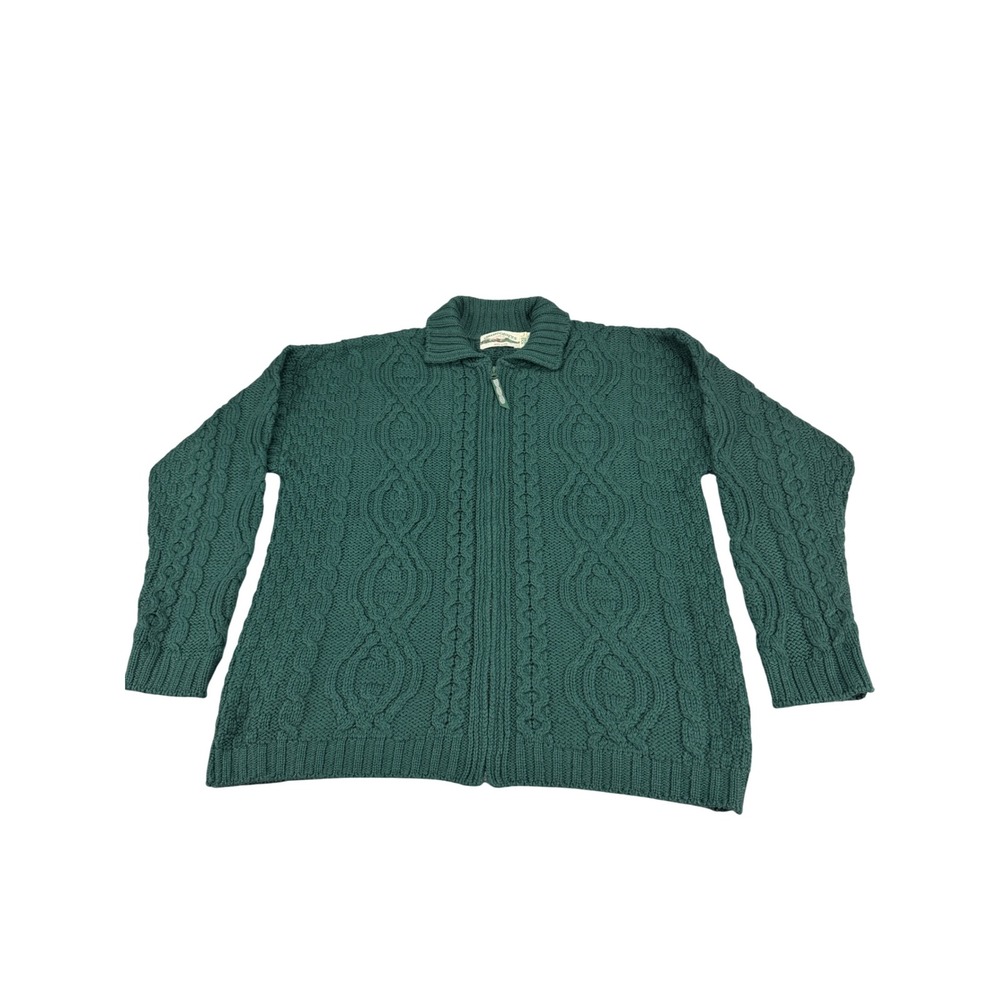 Aran Crafts Ireland Merino Wool Cable Knit Full Zip Cardigan Sweater Green L